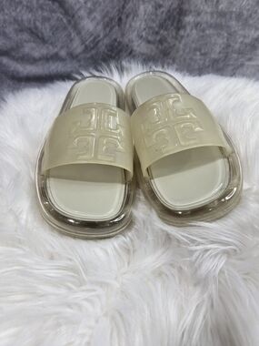 Tory Burch Women's Bubble Jelly slide sandals in a translucent cream or ivory
